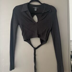 Black Ribbed Collared Open Back Wrap-Around Tie Up Long Sleeve Top Size M